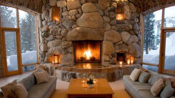 Cozy Cabin Interior with a Roaring Fireplace and Snowy View photo