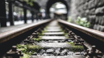 Rusty Train Tracks Disappearing Into A Stone Tunnel photo