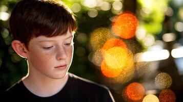 Portrait of a Pensive Freckled Boy in Warm Sunlight photo