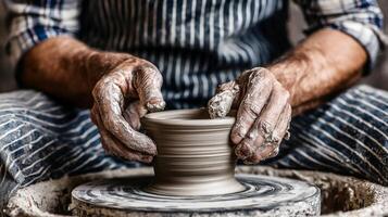 Close Up of Potter's Hands Shaping Clay Bowl on Pottery Wheel photo
