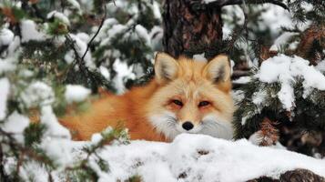 Red Fox Resting in Snowy Winter Forest Telephoto Closeup photo