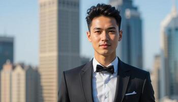 Portrait Of A Young Man In A Formal Suit Against A Cityscape photo