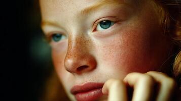Close Up Portrait of a Pensive Young Girl with Freckles and Red Hair Soft Rim Lighting photo