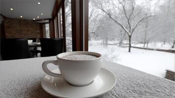 Cozy Winter Cafe with Warm Drink and Snowy View photo