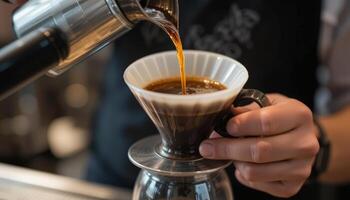 Hands Pouring Coffee Through a Pour Over Filter in a Cafe photo