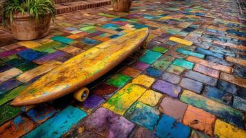 Retro Yellow Skateboard on a Multicolored Urban Sidewalk photo