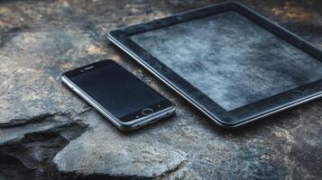 Dark Mobile Phone and Tablet on Textured Stone photo