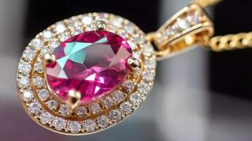 Close up of Pink Sapphire and Diamond Pendant in Gold Setting photo