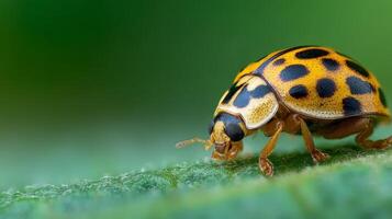 Macro Closeup of Yellow Ladybug on Green Leaf photo