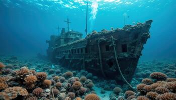 Sunlit Rusted Shipwreck on Vibrant Coral Reef Underwater photo