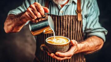 Closeup of a Senior Barista's Hands Pouring Latte Art into a Rustic Cup Against a Dark Background photo