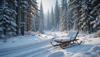 Winter Forest Path With Wooden Sled photo