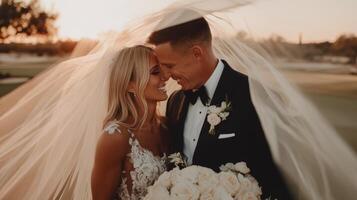 Romantic Bride and Groom Embrace Under Flowing Veil at Sunset photo