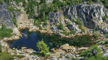 Serene Mountain Lake Among Rugged Rocks And Lush Greenery photo