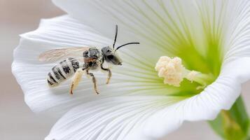 Detailed Macro Shot of a Bee Pollinating a White Flower photo