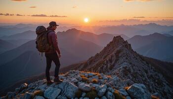Adventurous Person on Mountain Peak at Sunset, Panoramic View photo