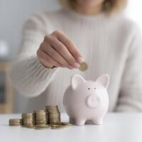 Person Adding Coin To Pink Piggy Bank, Savings Concept photo