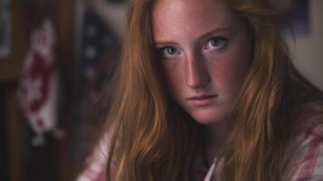 Dramatic Portrait of a Young Redhead Woman with Freckles Low Key Lighting photo