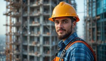 Construction Worker in Hard Hat at Modern Building Site photo