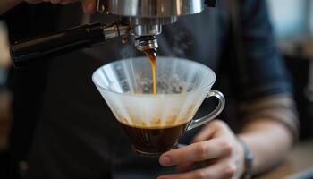 Barista Pouring Dark Coffee Into Glass Espresso Machine Close Up photo
