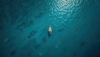 Aerial View Of Sailboat On Teal Ocean With Glistening Sunlight photo