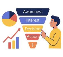 illustration depicts scenes individuals analyzing data with charts and graphs, using laptops, and explaining marketing concepts. Facial expressions show focus and enthusiasm vector