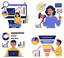 illustration depicts scenes of individuals analyzing data with charts and graphs, using laptops, and explaining marketing concepts. Facial expressions show focus and enthusiasm vector