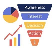 illustration depicts analyzing data with charts and graphs, and explaining marketing concepts vector