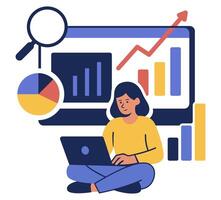 illustration depicts scenes of individuals analyzing data with charts and graphs, using laptops, and explaining marketing Facial expressions show focus and enthusiasm vector