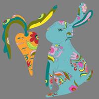 a colorful rabbit and carrot on a gray background vector
