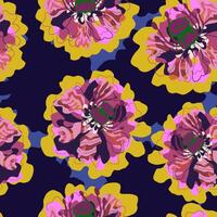 a pattern with pink and yellow flowers on a dark background vector