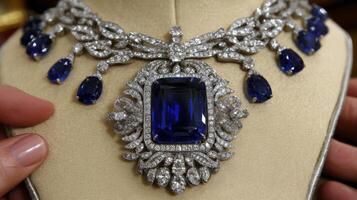 Close up of a Jeweler Setting a Sapphire in an Ornate Diamond Necklace photo