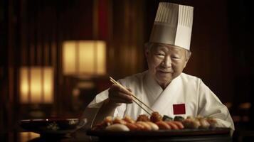 Smiling Senior Chef Tasting Sushi In Restaurant photo