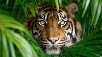 Closeup Portrait of a Tiger Hidden in Lush Green Jungle Foliage photo