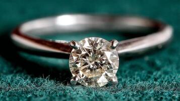 Closeup of Sparkling Solitaire Diamond Ring on Teal Fabric photo