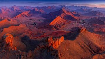 Panoramic Sunset View of Red Desert Mountains and Sand Dunes photo