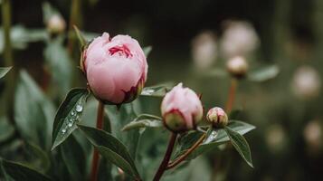 Macro Shot of Blooming Pink Peonies with Soft Petals and Water Drops photo