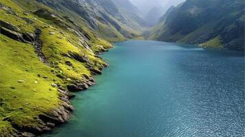 Aerial View Of Azure Lake In Mountain Valley photo