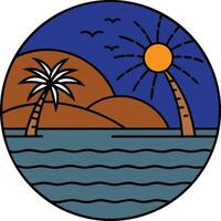 a cartoon of a palm tree and a beach with the sun in the background vector