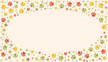 Oval pet paw print frame with blank space for text and images. Colorful silhouettes track of dog or cat paw prints ith dots. Frame with paw prints of pets for decoration of shop windows, websites, etc vector