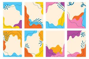 Set of colorful posters featuring organic, uneven stains shape in abstract composition, frames, cards ideal for modern art prints, creative backgrounds, templates and contemporary design projects. vector