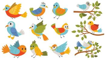 Set of colorful cartoon birds in flat style, featuring various species with bright feathers. Flying birds and birds sitting on branches isolated on white background. vector