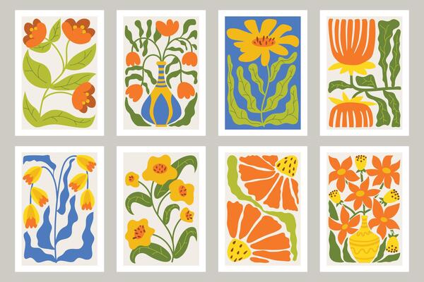 Set of Matisse style colorful Floral Posters featuring bold, abstract botanical shapes in vibrant hues, perfect for modern art decor, creative prints, and contemporary interior design accents.
