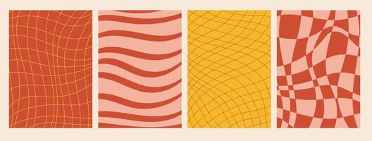 Set of groovy posters with checkered and striped patterns in vibrant retro colors, featuring wavy lines and optical illusions, ideal for vintage inspired decor, design projects, and backgrounds. vector