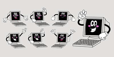 Set of Cheerful Old Computer Cartoon Character vector