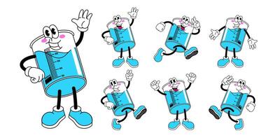 Set of Happy Beaker Cartoon Character in Retro Style vector
