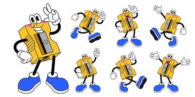 Cartoon Set of Happy Pencil Sharpener in Retro Style vector