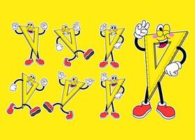 Set of Cheerful Triangle Ruler Cartoon Character in Retro Style vector
