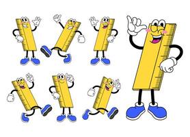 Cartoon Set of Happy Ruler Character in Retro Style vector
