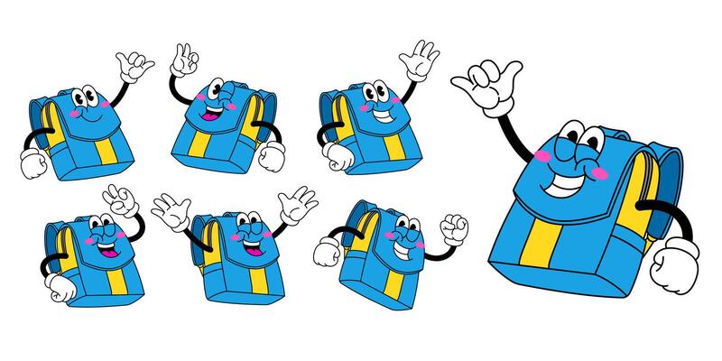 Cartoon Set of Cheerful Backpack Character in Retro Style